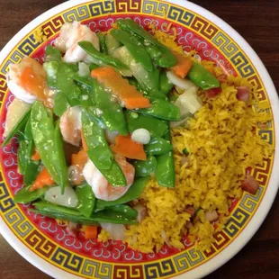 Shrimp and snow peas D12 on menu, comes with egg roll