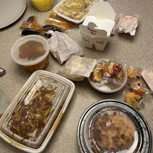 a table full of food and drinks