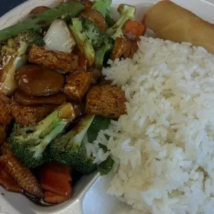 Mixed tofu veggies, rice, spring roll $5.55