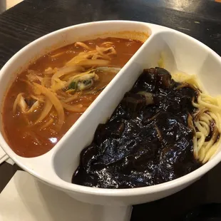 Combo with black bean sauce noodle and seafood noodle soup