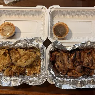 Side orders bbq chicken and meat jun