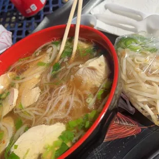 Some delicious Pho Ga with the fixings on the side. Return your bowl and tray to the truck when you're done.