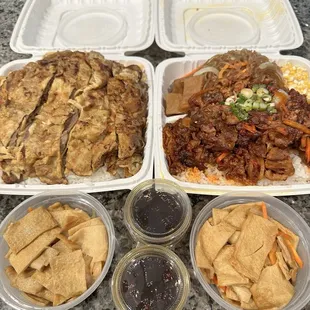 My go-to's!  Regular Meat Jun &amp; Regular Spicy Pork Fish cake, Corn salad, Shoyu potato's, &amp; Japchae