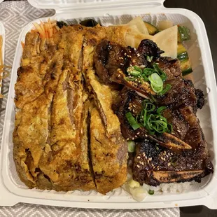 Aloha Plate with Meat Jun and Galbi. 4 sides included.