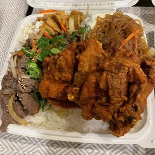 Aloha Plate with Original Fried Chicken and Bulgogi. 4 sides included.