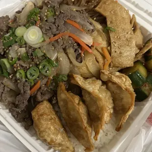 Aloha plate: bulgogi, mandu, fish cakes, mac salad, cucumber kimchi, japchae