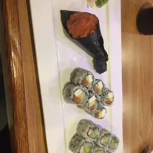 Spicy tuna hand roll, Alaskan roll (added cream cheese) and a California roll