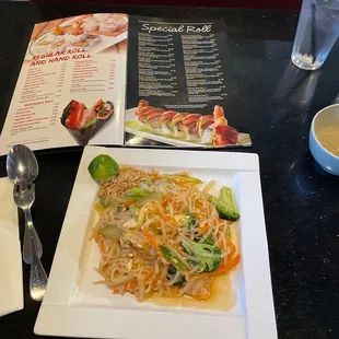 a plate of noodles and soup