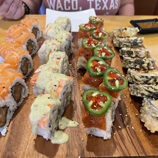 Double salmon, James Bond, red dragon, and Las Vegas roll.