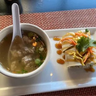 Chicken rice soup, and spring rolls