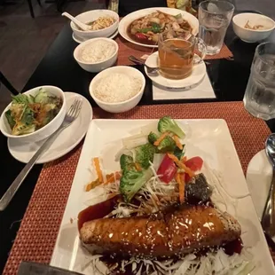 Cuchee salmon, cashew chicken, cucumber salad, wonton soup, jasmine rice and jasmine tea