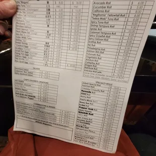 Sushi menu
