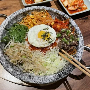 Bibimbap hot stone with bulgogi and fried egg!