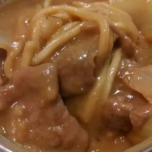 Beef yat, seems like spaghetti n gravy with beef n onions