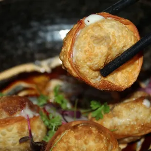 The Crispy Korean Short Rib Dumplings were served with unagi sauce, spicy mayo, kimchi and microgreens.