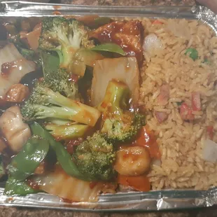 Possible GrubHub error, but disgusting nonetheless. HALF an order of Szechuan tofu with pork fried rice? in the same container.