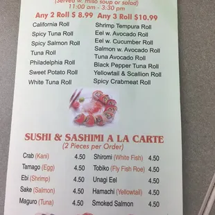 Sushi and roll menu