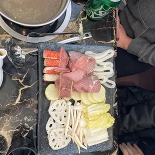 Various meats and veggies for hot pot