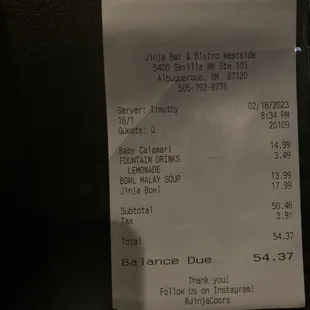 Jinja Bar &amp; Bistro.  Our bill.