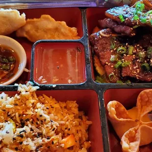 Bento Box:  Gyoza, Galbi( kalbi), Rangoon and Kim Chee Fried Rice. Came with Miso soup( not pictured)