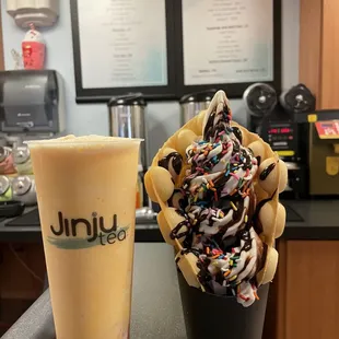 Mango Blended w/ Strawberry Jelly and Bubble Waffle w/ Vanilla/Chocolate Swirl, Sprinkles, and Chocolate Drizzle.