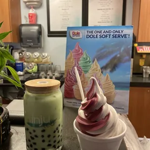 Honey Dew Milk Tea w/ Boba. Vanilla/Dole Raspberry Swirl.
