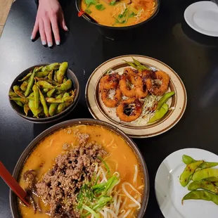 Tantam men Raman with beef, spicy pork Ramen, calamari and edamame