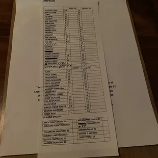 Sushi menu