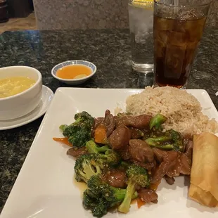 Beef broccoli, fried rice and egg drop soup.