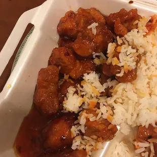 The orange chicken with white rice