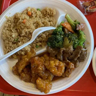 Fried rice, orange chicken and beef and broccoli