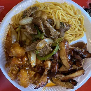 Low mein, Orange Chicken, Teriyaki Chicken and Broccoli and beef