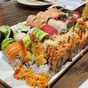 a long platter of sushi