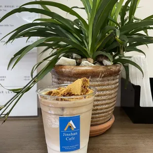 a cup of coffee and a potted plant