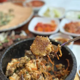 The crispy rice from the hot stone bibimbap