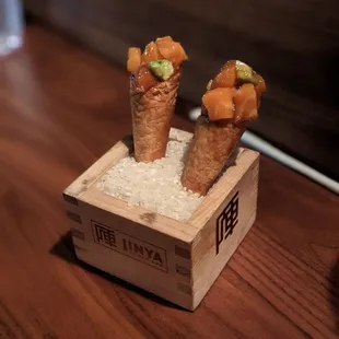 Spicy tuna and salmon cones.