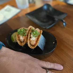 a person&apos;s hand holding a plate of food