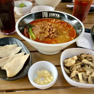 Spicy Umami Miso Ramen, side of mushrooms, garlic and chicken.