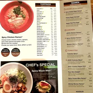 Toppings and ramen menu