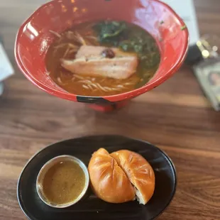 Spicy chicken ramen and Curry Nikuman (1pc)