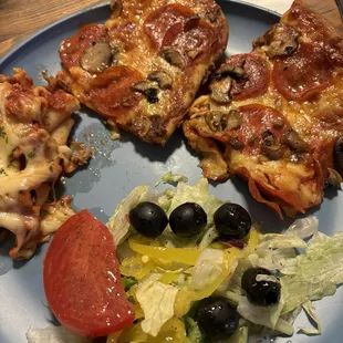Not the best picture lol pizza, ziti and salad