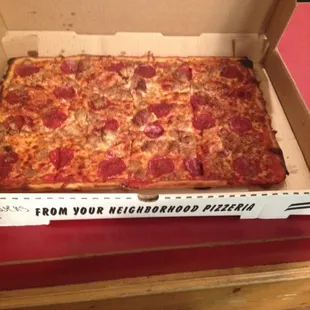 Pepperoni and sausage pizza to go.