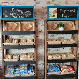 a display of bread and other items