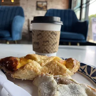 My peach pastry and chocolate delight along with my freshly brewed coffee.