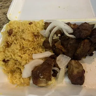 a meal in a styrofoam container