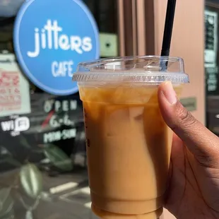 Caramel, cold brew with almond milk