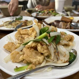 Salt and pepper squid. It&apos;s more crunchy than crispy. Not bad. Seasoned onions