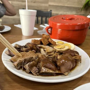 Duck, liver, tofu, eggs and intestines - one of their most popular dishes