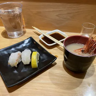 Omakase-- sweet shrimp served with miso soup and fried sweet shrimp head. My favorite!!