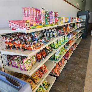 a variety of snacks on shelves